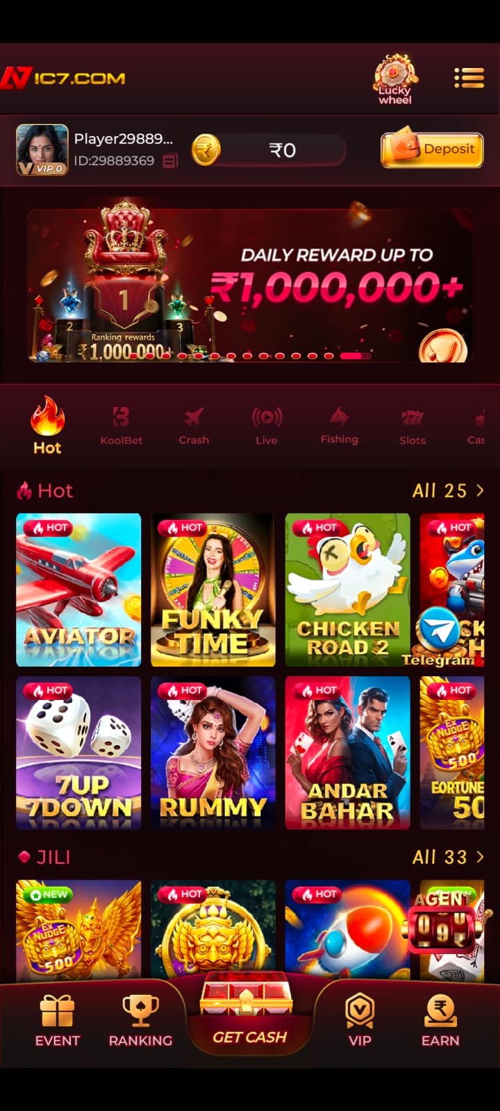 IC7 Game home screen showing hot games like Aviator, Funky Time, and Chicken Road 2