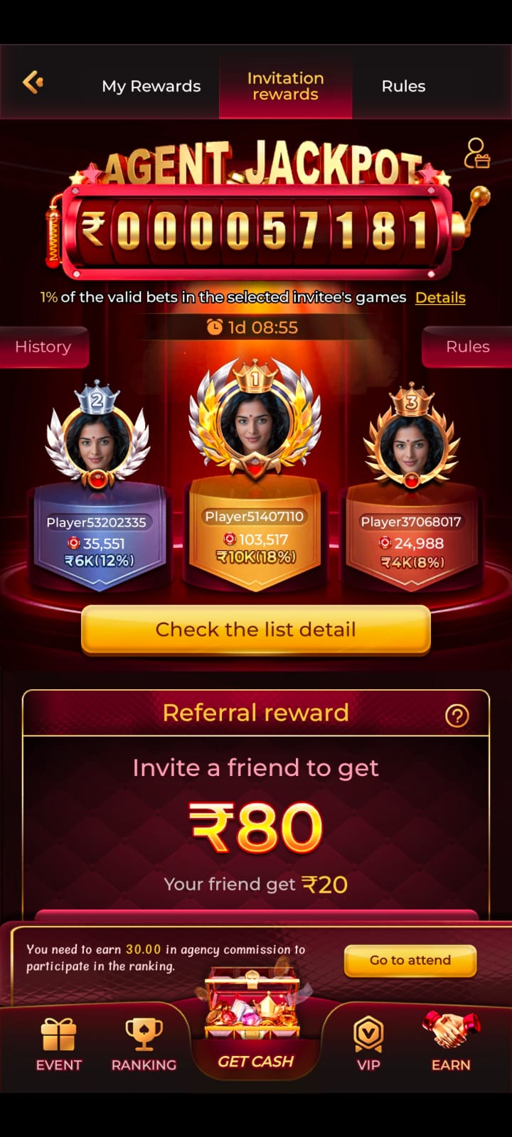 Agent Jackpot and referral rewards leaderboard screen
