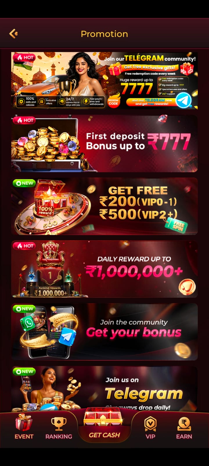 Promotion page showing deposit bonus and Telegram community rewards