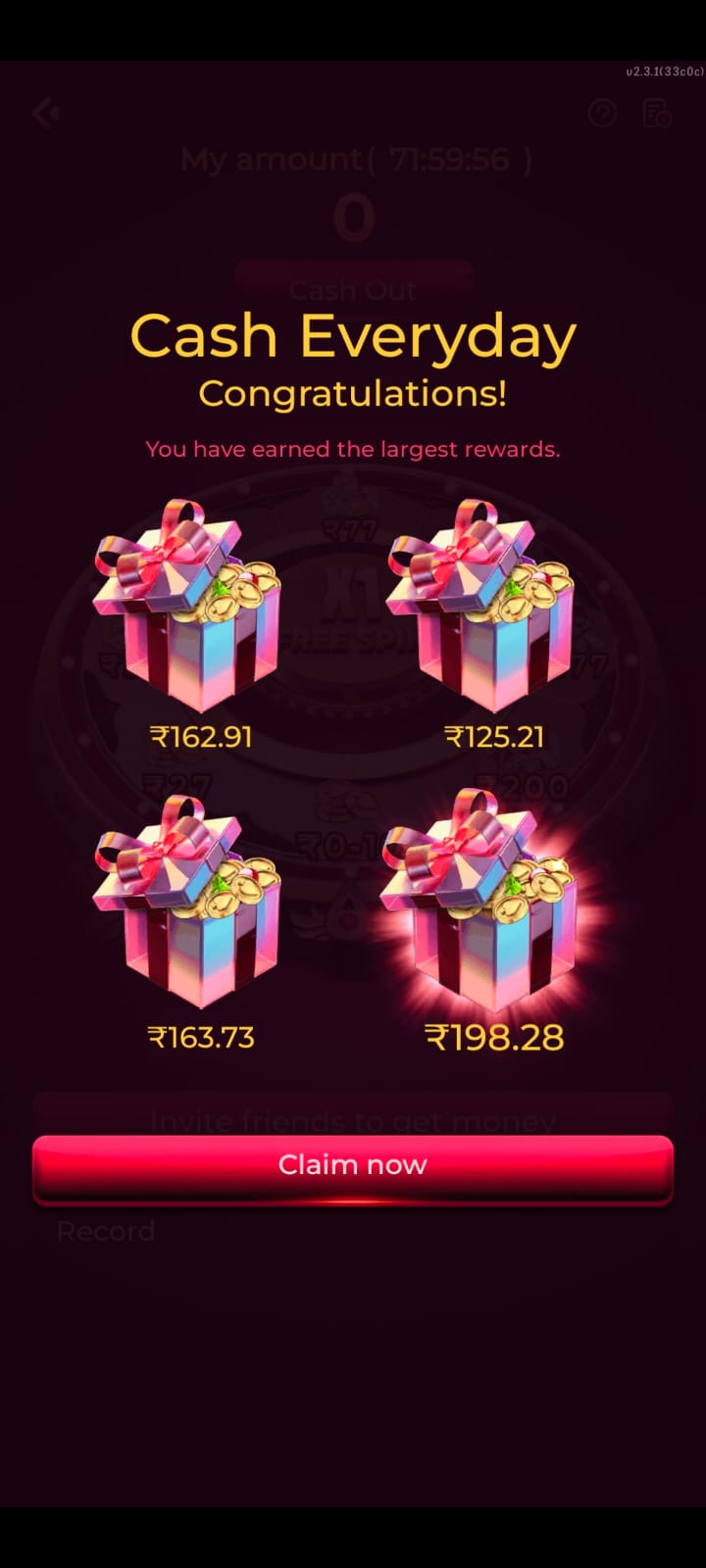 Cash Everyday reward screen showing claimable gift box amounts