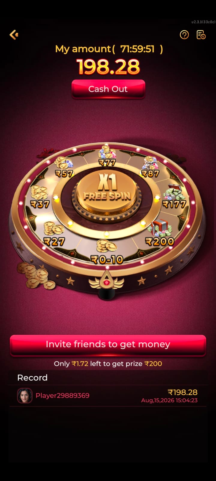 Spin wheel screen showing cash-out prize amounts